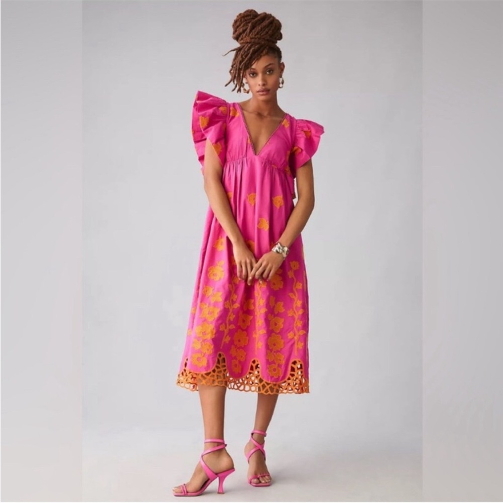 FARM Rio Pink Midi Dress with Orange Floral Accents